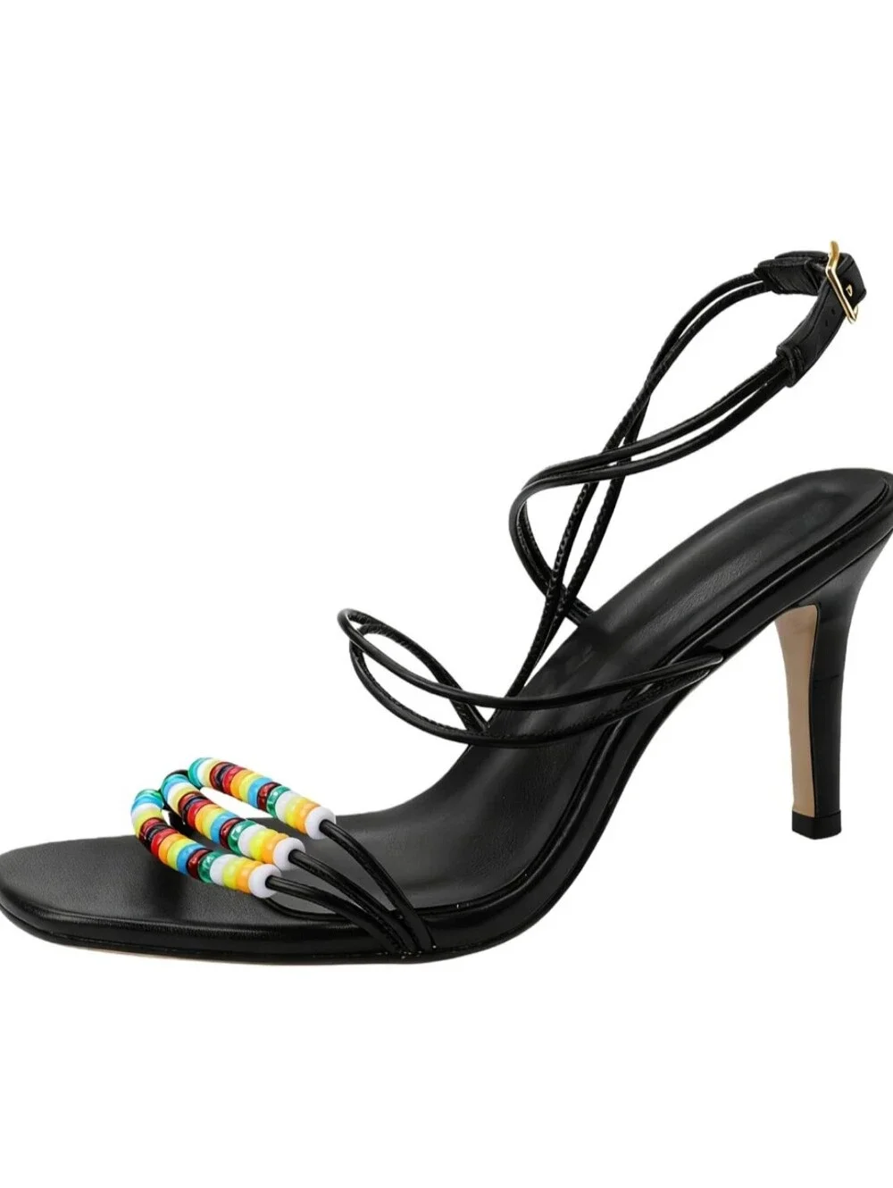 Y2K Black Beaded Strappy Stiletto Heels Multicolor Statement Sandals Size 9-9.5